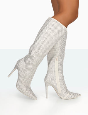 Lexi Silver Diamante Stiletto Knee High Boots