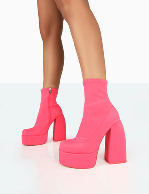 Charlie Neon Pink Nylon Platform Rounded Toe Block Heeled Ankle Boots