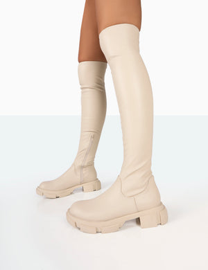 Junya Bone Pu Over The Knee Chunky Sole Boots