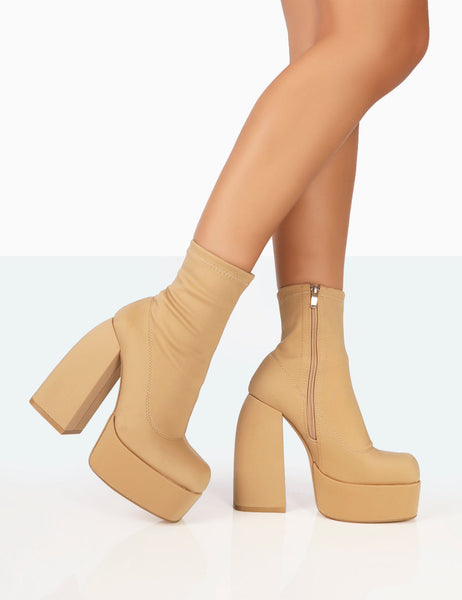 Charlie Taupe Nylon Square toe Block Heel Ankle Boots | Public Desire