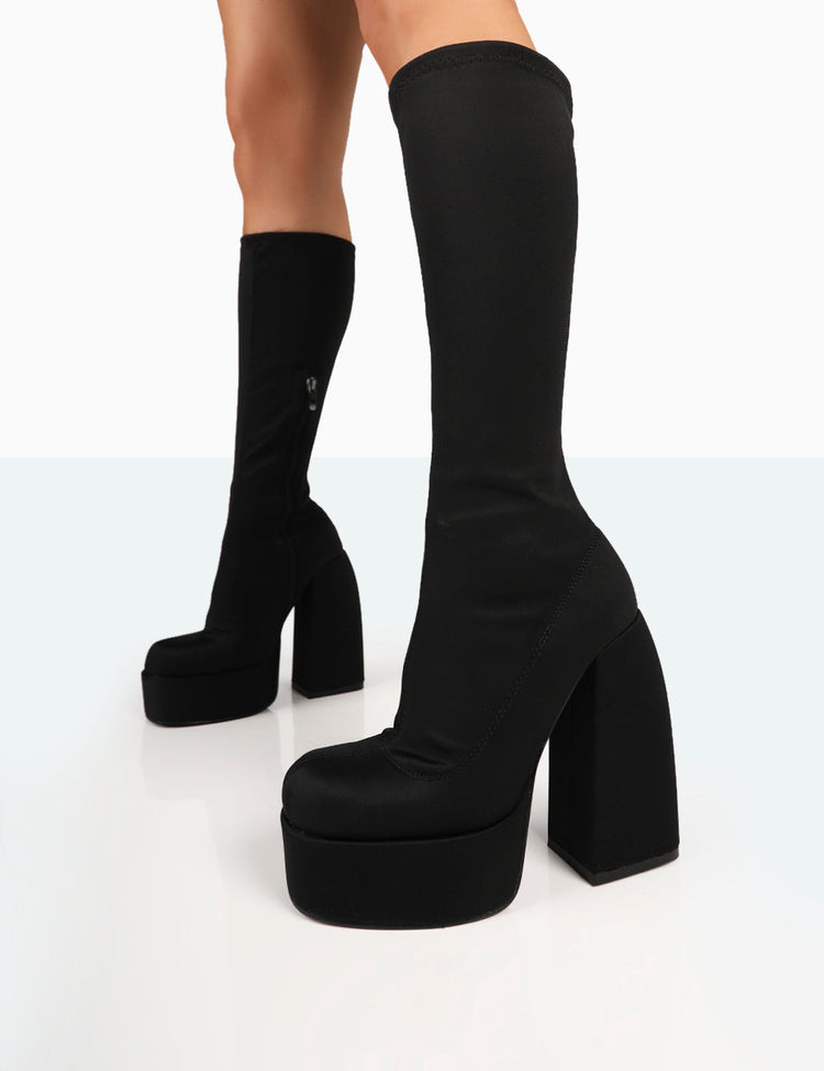 Jayce Black Nylon Chunky Square Toe Platform Boots | Public Desire