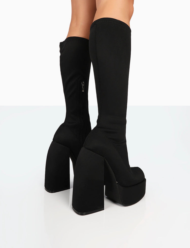 Jayce Black Nylon Chunky Square Toe Platform Boots | Public Desire