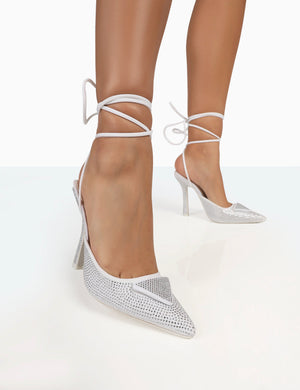 Galaxy Silver Sparkly Diamante Stiletto Lace Up Wrap Around Heels