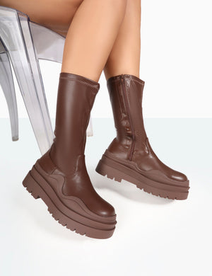 Cam Chocolate PU Chunky Sole Round Toe Ankle Boots