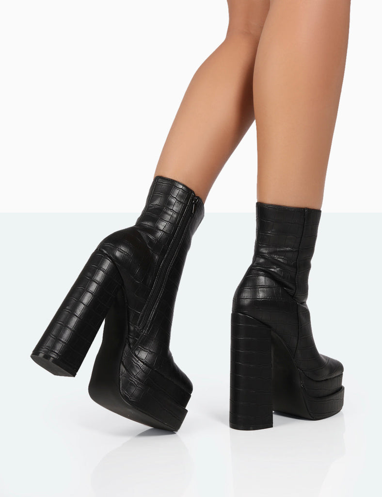 Supine Black Croc Chunky Platform Ankle Boots | Public Desire