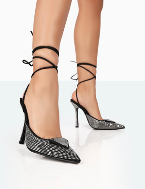 Galaxy Black Sparkly Diamante Pointed Stiletto Toe Lace Up Wrap Around Heels