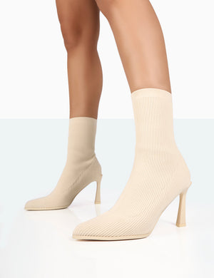 Farah Ecru Knitted Sock Stilleto Ankle Pointed Heeled Boots