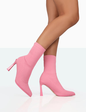 Farah Pink Knitted Sock Stiletto Ankle Pointed Heeled Boots