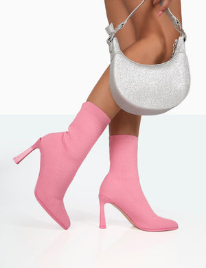 Farah Pink Knitted Sock Stiletto Ankle Pointed Heeled Boots