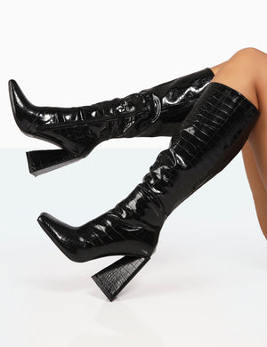Senna Black Patent Croc Knee High Block Heel Boots