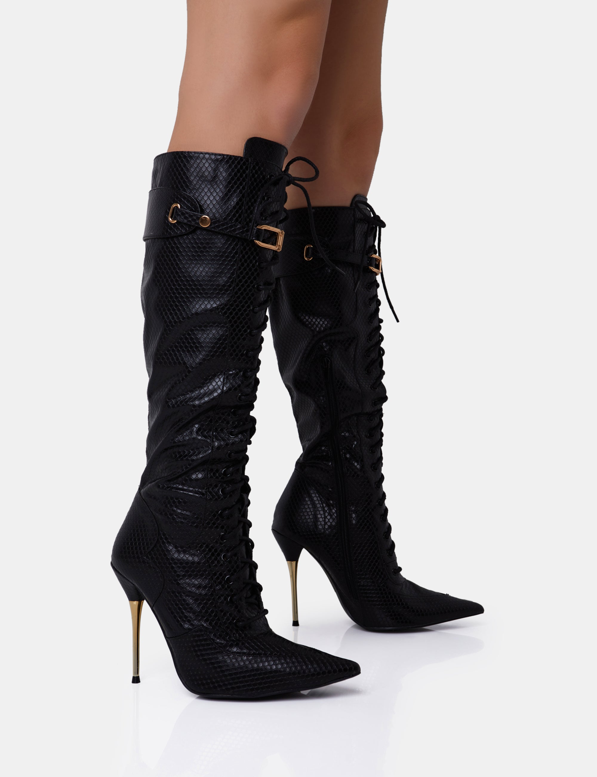 Infatuated Black Croc Lace Up Buckle Feature Pointed Toe Gold Stiletto Knee High Boots Public Desire