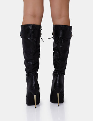Infatuated Black Croc Lace Up Buckle Feature Pointed Toe Gold Stiletto Knee High Boots