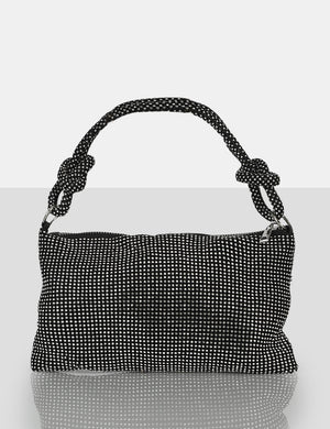 The Ingrid Black Diamonte Zip Up Knot Detail Mini Shoulder Bag