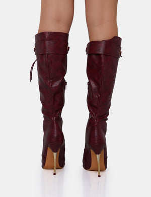 Infatuated Burgundy Croc Lace Up Buckle Feature Pointed Toe Gold Stiletto Knee High Boots