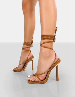 Lacey Caramel Square Toe Strappy Lace Up Stiletto Heels