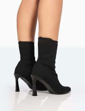 Farah Black Knitted Sock Stiletto Ankle Pointed Heeled Boots