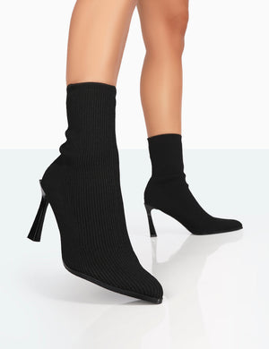 Farah Black Knitted Sock Stiletto Ankle Pointed Heeled Boots