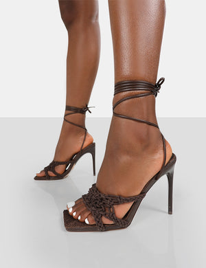 Seabreeze Chocolate Rope Woven Lace Up Square Toe Heels