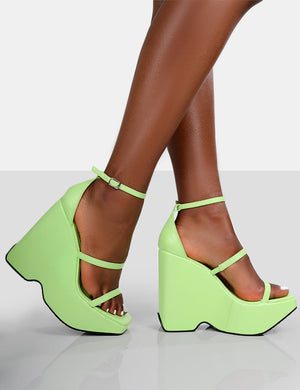 Duke Lime Strappy Square Toe Platform Wedge High Heels