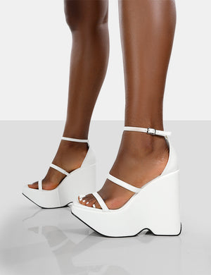 Duke White Strappy Square Toe Platform Wedge High Heels