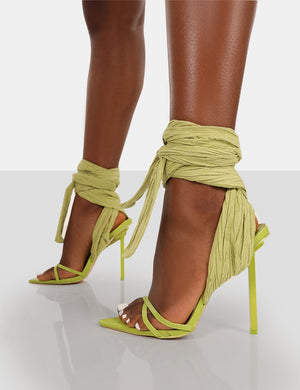 Brunchin Green Linen Tie Up Wrap Around Stiletto Heels
