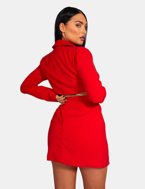 Cut Out Chain Waist Blazer Dress Red