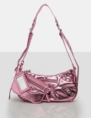 The Trackstar Metallic Pink Pu Studded Mirror Zip Detail Handbag