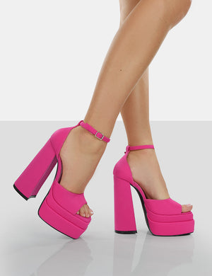 Mercy Hot Pink Strappy Square Toe Platform High Block Heels
