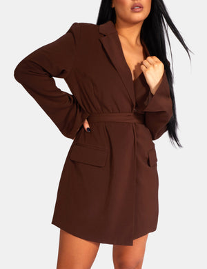 Wrap Belt Blazer Dress Chocolate