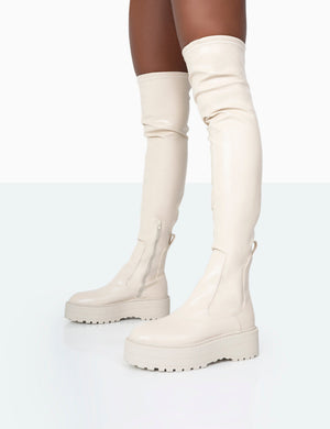 Pheonixe Ecru Pu Chunky Sole Round Toe Over The Knee Boots