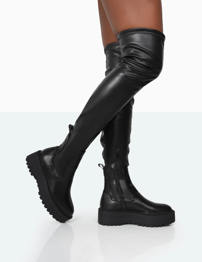 Pheonixe Black Pu Chunky Sole Round Toe Over The Knee Boots| Public Desire