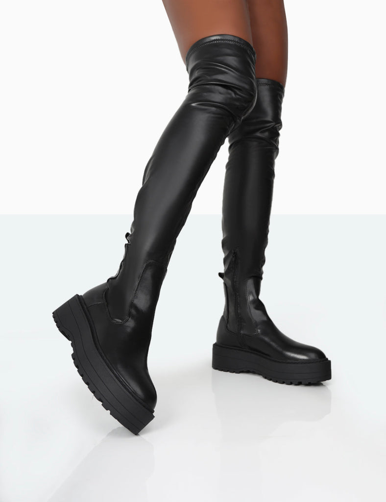 Pheonixe Black Pu Chunky Sole Round Toe Over The Knee Boots| Public Desire