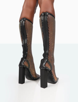 Twinkle Black Sparkly Diamante Fishnet Block Heel Knee High Boots