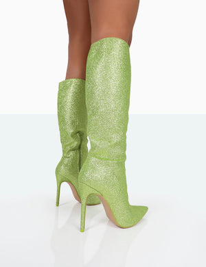 Diva Lime Glitter Pointed Toe Stiletto Knee High Boots