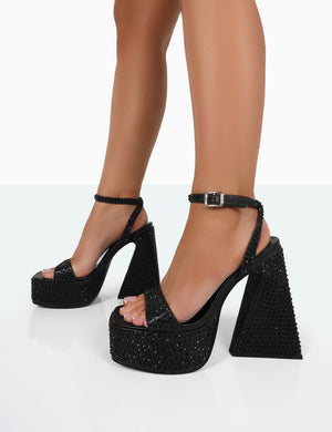 Raquel Wide Fit Black Diamante Open Toe Platform Block High Heel