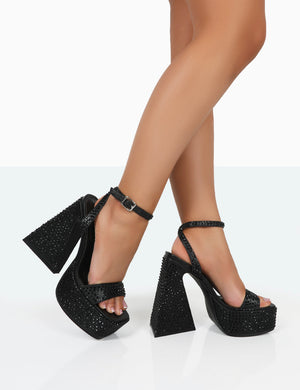 Raquel Black Diamante Open Toe Platform Block High Heel