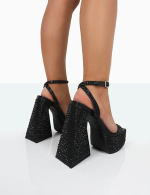 Raquel Black Diamante Open Toe Platform Block High Heel