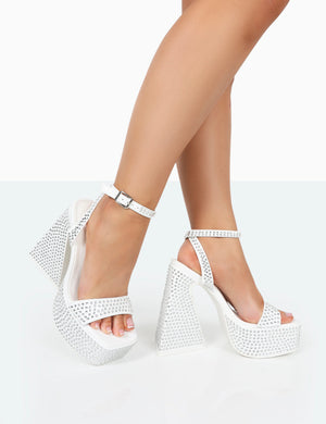 Raquel White Diamante Open Toe Platform Block High Heel