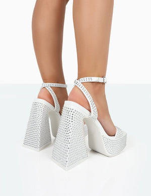 Raquel Wide Fit White Diamante Open Toe Platform Block High Heel