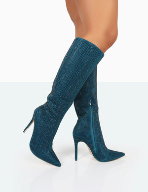 Lexi Teal Diamante Stiletto Knee High Boots