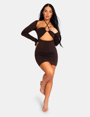 Slinky Ruch Bust Cut Out Long Sleeved Dress Chocolate