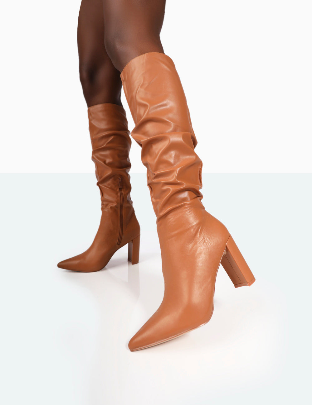 Kortfattet Miljøvenlig Udsæt Mine Caramel PU Pointed Toe Heeled Knee High Boots | Public Desire