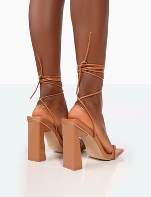 Cleo Caramel Nude Pu Square Toe Strappy Lace Up Block Heels