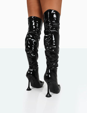 Sonny Black Patent Sparkly Diamante Stud Pointed Toe Stiletto Heel Over the Knee Boots