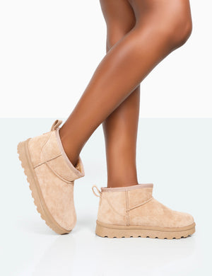 Flurry Beige Faux Suede Ultra Mini Ankle Boots