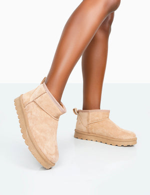 Flurry Beige Faux Suede Ultra Mini Ankle Boots