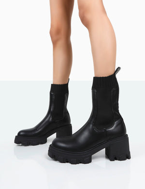Everdeen Black PU And Knit Chunky Heeled Platform Sock Ankle Boots