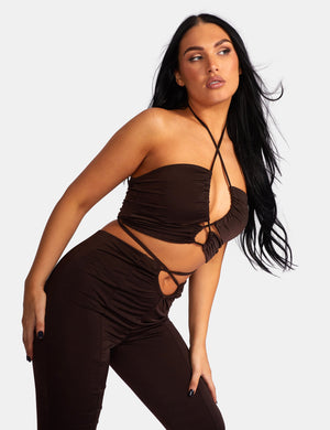 Loop Ruched High Waist Split Trousers Chocolate