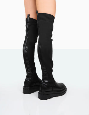 New-Me Black Pu and Knit Over The Knee Chunky Sole Sock Fit Boots