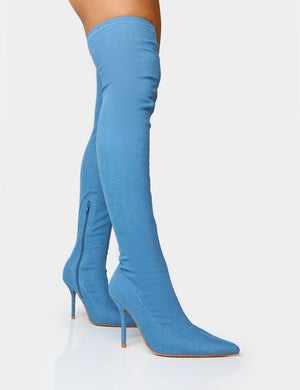 Jodie Blue Denim Seam Detail Pointed Toe Stiletto Thigh High Boots